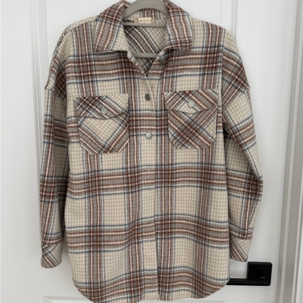 Altar'd State Plaid Jacket in Cream, Brown, and Blue